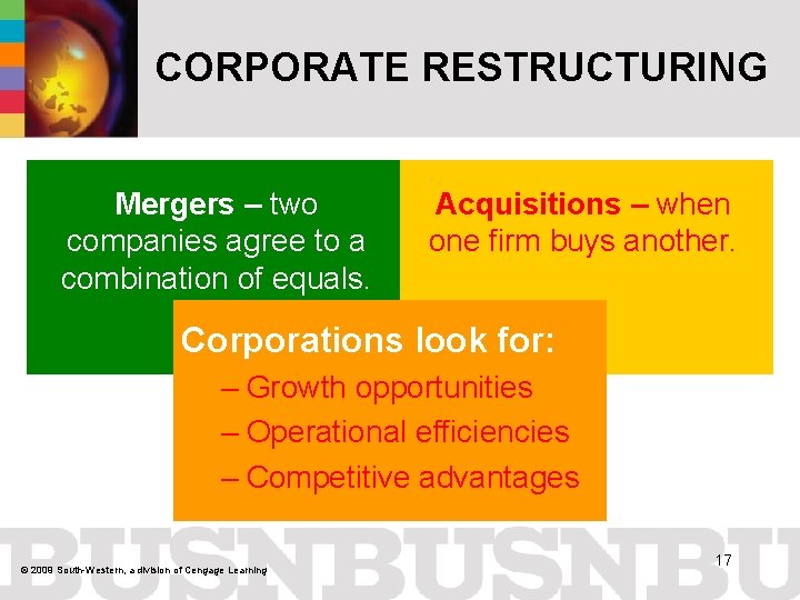 CORPORATE RESTRUCTURING Mergers – two companies agree to a combination of equals. Acquisitions –