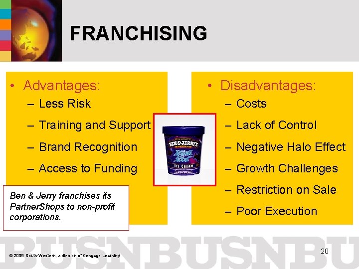 FRANCHISING • Advantages: • Disadvantages: – Less Risk – Costs – Training and Support