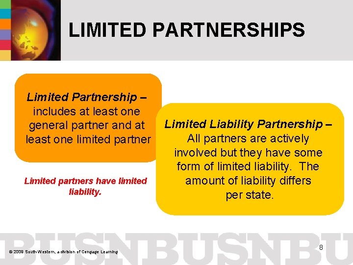 LIMITED PARTNERSHIPS Limited Partnership – includes at least one general partner and at least