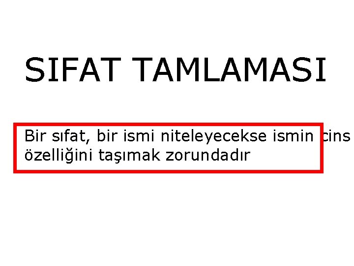 SIFAT TAMLAMASI Bir sıfat, bir ismi niteleyecekse ismin cins özelliğini taşımak zorundadır 