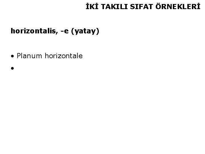 İKİ TAKILI SIFAT ÖRNEKLERİ horizontalis, -e (yatay) • Planum horizontale • 