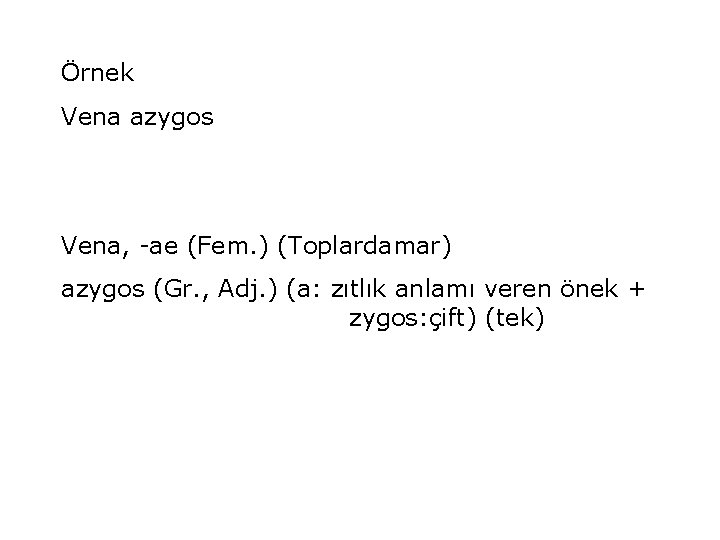 Örnek Vena azygos Vena, -ae (Fem. ) (Toplardamar) azygos (Gr. , Adj. ) (a: