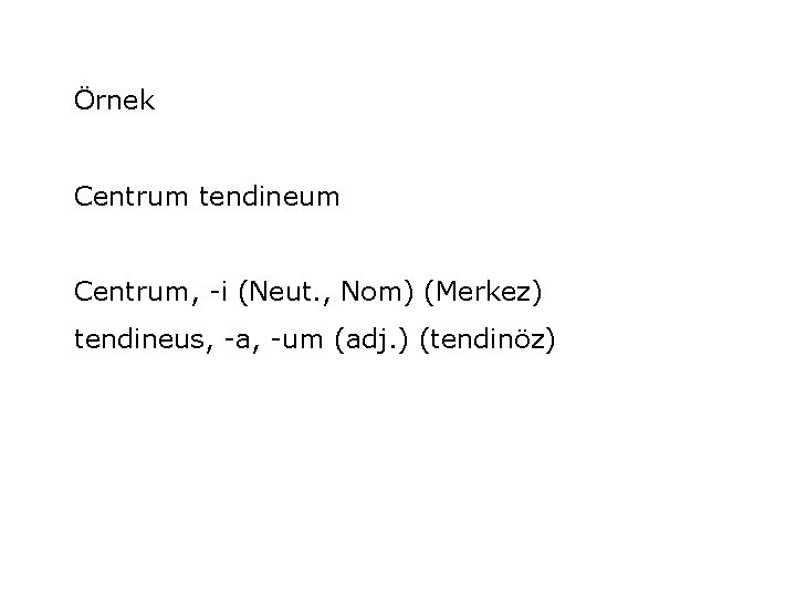 Örnek Centrum tendineum Centrum, -i (Neut. , Nom) (Merkez) tendineus, -a, -um (adj. )