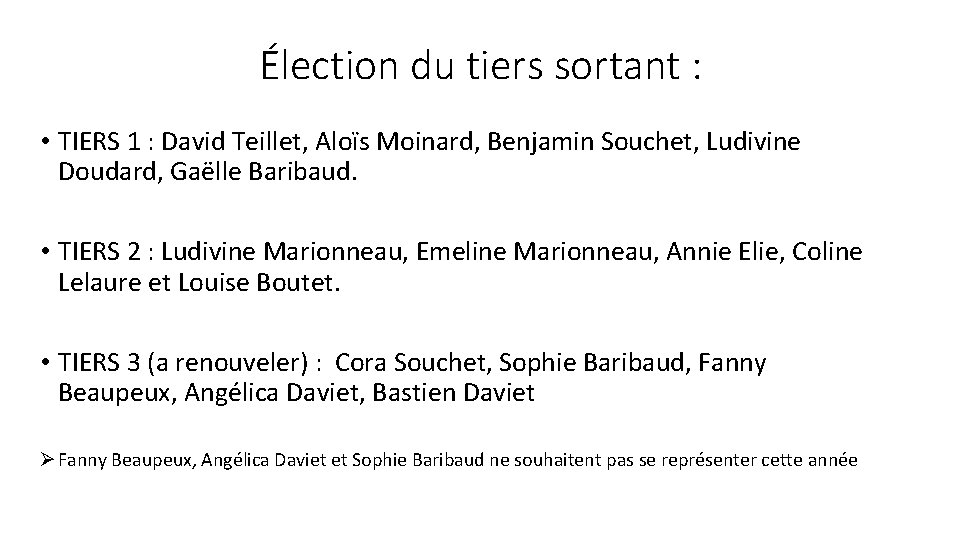 Élection du tiers sortant : • TIERS 1 : David Teillet, Aloïs Moinard, Benjamin