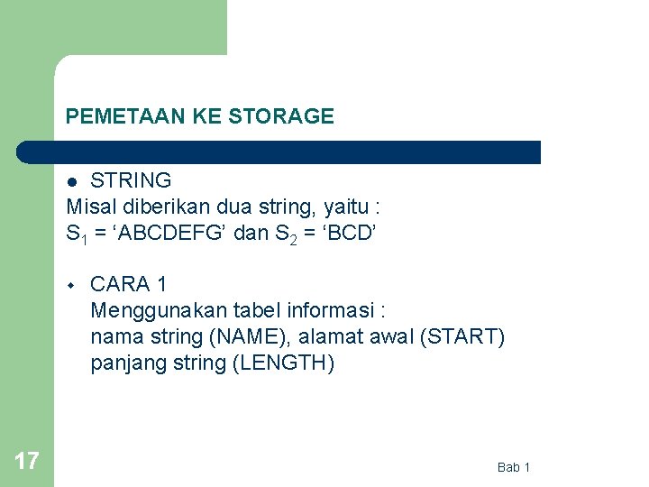 PEMETAAN KE STORAGE STRING Misal diberikan dua string, yaitu : S 1 = ‘ABCDEFG’