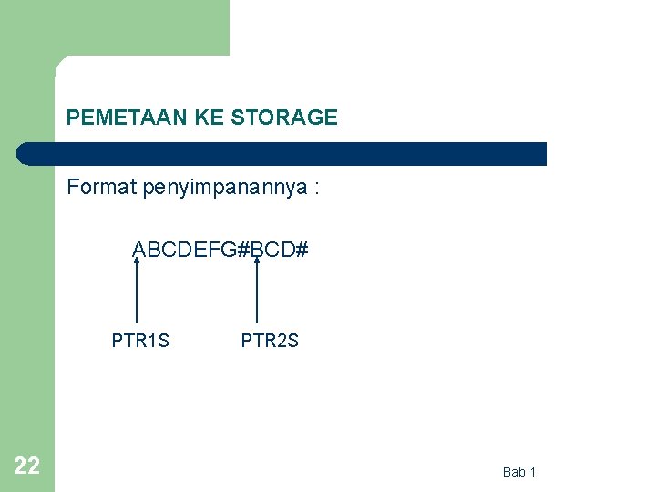 PEMETAAN KE STORAGE Format penyimpanannya : ABCDEFG#BCD# PTR 1 S 22 PTR 2 S
