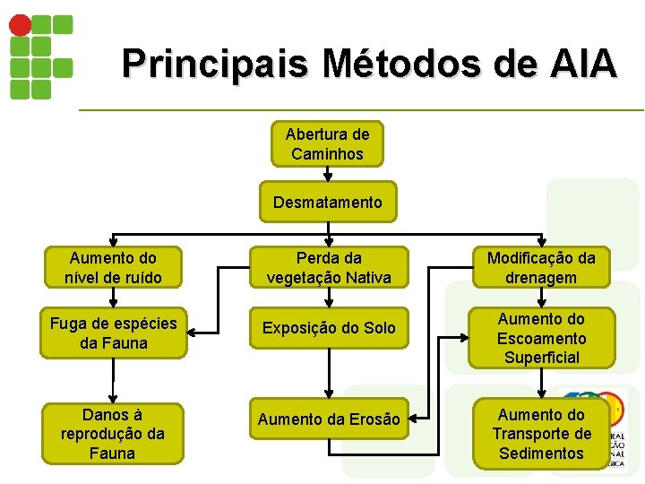 Principais Métodos de AIA Abertura de Caminhos Desmatamento Aumento do nível de ruído Perda