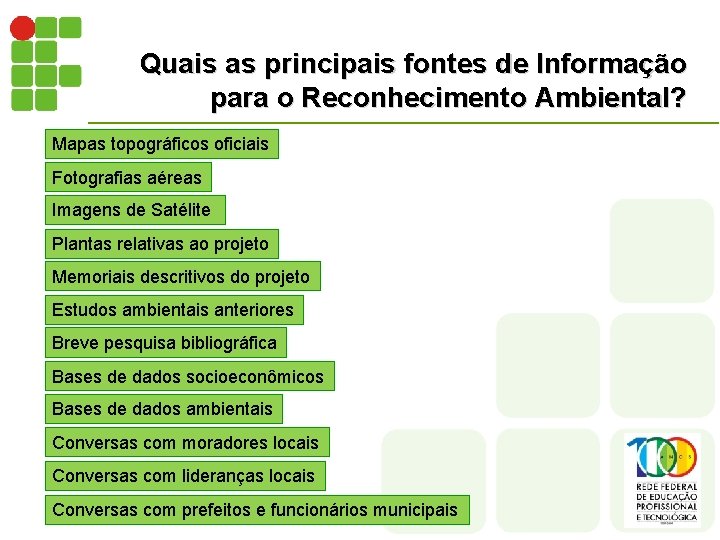 Quais as principais fontes de Informação para o Reconhecimento Ambiental? Mapas topográficos oficiais Fotografias