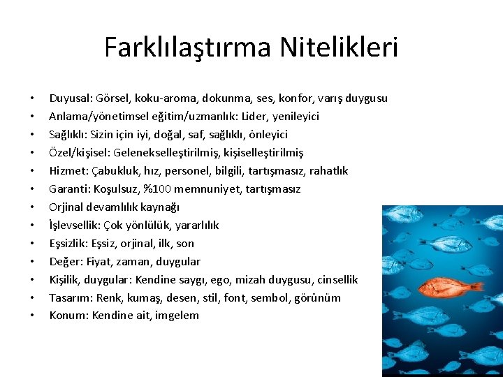 Farklılaştırma Nitelikleri • • • • Duyusal: Görsel, koku-aroma, dokunma, ses, konfor, varış duygusu