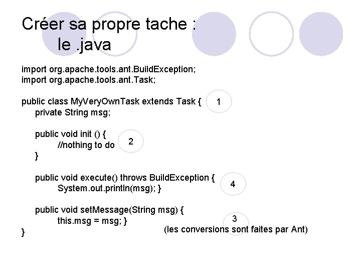 Créer sa propre tache : le. java import org. apache. tools. ant. Build. Exception;