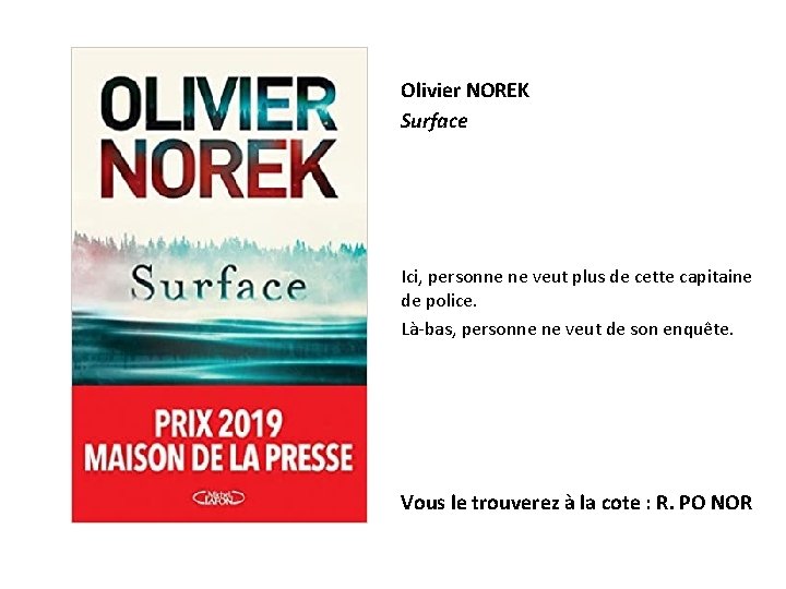 Olivier NOREK Surface Ici, personne ne veut plus de cette capitaine de police. Là-bas,