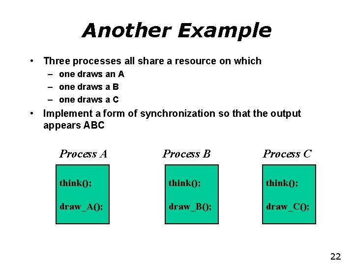 Another Example • Three processes all share a resource on which – one draws
