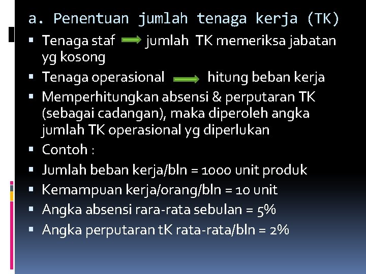 a. Penentuan jumlah tenaga kerja (TK) Tenaga staf jumlah TK memeriksa jabatan yg kosong