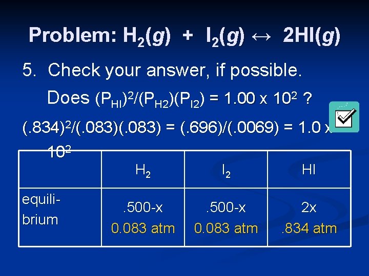 Problem: H 2(g) + I 2(g) ↔ 2 HI(g) 5. Check your answer, if