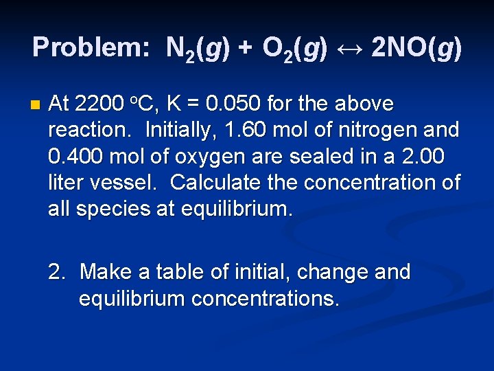 Problem: N 2(g) + O 2(g) ↔ 2 NO(g) n At 2200 o. C,