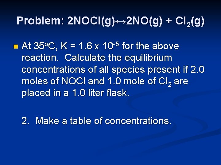 Problem: 2 NOCl(g)↔ 2 NO(g) + Cl 2(g) n At 35 o. C, K