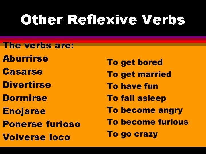 Other Reflexive Verbs The verbs are: Aburrirse Casarse Divertirse Dormirse Enojarse Ponerse furioso Volverse