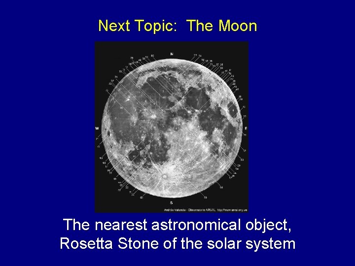 Next Topic: The Moon The nearest astronomical object, Rosetta Stone of the solar system