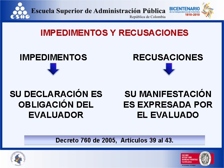 IMPEDIMENTOS Y RECUSACIONES IMPEDIMENTOS SU DECLARACIÓN ES OBLIGACIÓN DEL EVALUADOR RECUSACIONES SU MANIFESTACIÓN ES