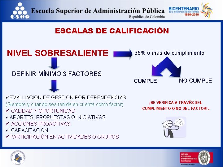 ESCALAS DE CALIFICACIÓN NIVEL SOBRESALIENTE 95% o más de cumplimiento DEFINIR MÍNIMO 3 FACTORES