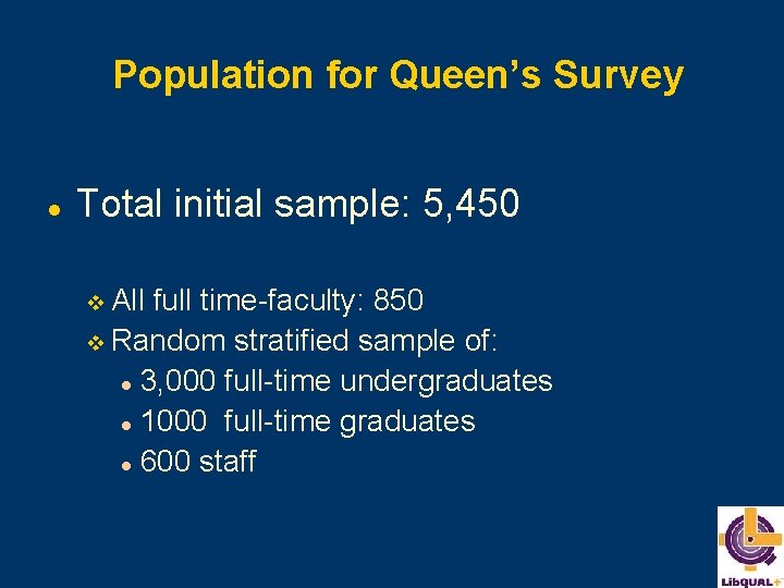 Population for Queen’s Survey l Total initial sample: 5, 450 v All full time-faculty: