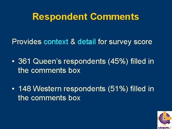 Respondent Comments Provides context & detail for survey score • 361 Queen’s respondents (45%)