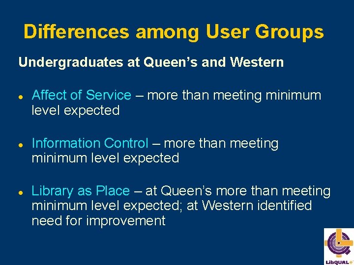 Differences among User Groups Undergraduates at Queen’s and Western l l l Affect of