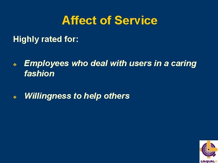 Affect of Service Highly rated for: v v Employees who deal with users in
