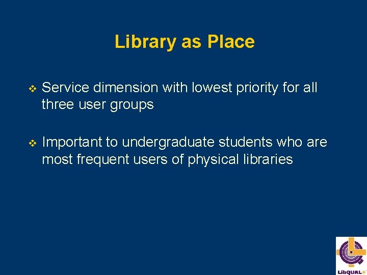 Library as Place v Service dimension with lowest priority for all three user groups