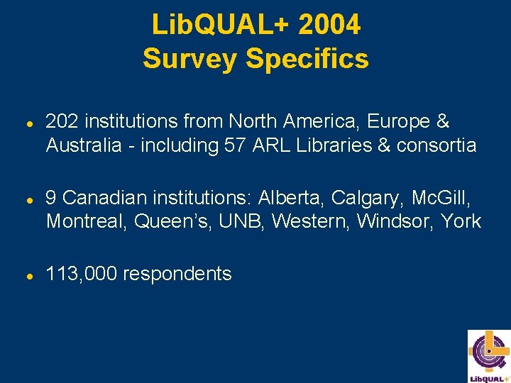 Lib. QUAL+ 2004 Survey Specifics l l l 202 institutions from North America, Europe