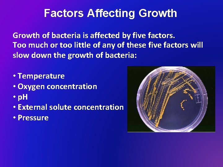 Factors Affecting Growth of bacteria is affected by five factors. Too much or too