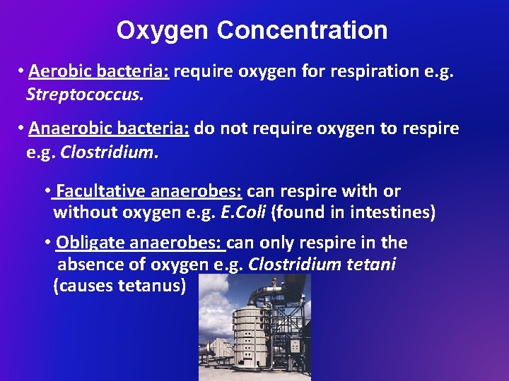 Oxygen Concentration • Aerobic bacteria: require oxygen for respiration e. g. Streptococcus. • Anaerobic