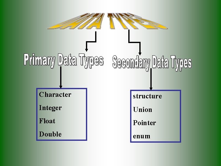 Character structure Integer Union Float Pointer Double enum Character structure Integer Union Float Pointer Double enum