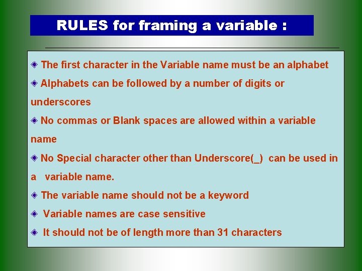 RULES for framing a variable : The first character in the Variable name must RULES for framing a variable : The first character in the Variable name must