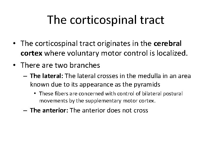 The corticospinal tract • The corticospinal tract originates in the cerebral cortex where voluntary