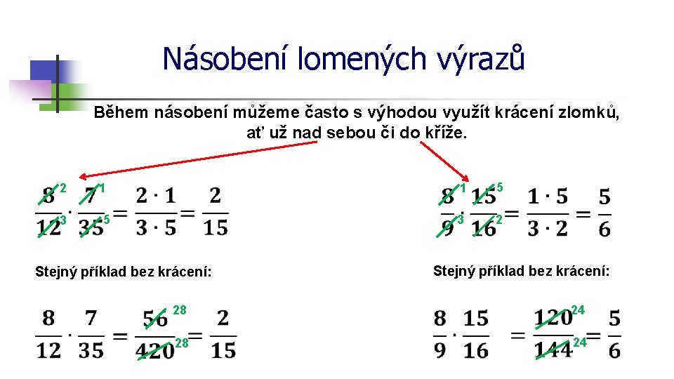 Násobení lomených výrazů Během násobení můžeme často s výhodou využít krácení zlomků, ať už