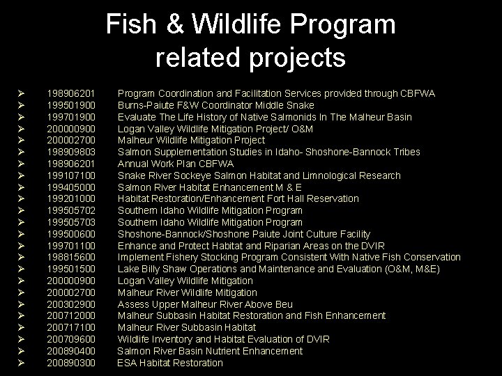 Fish & Wildlife Program related projects Ø Ø Ø Ø Ø Ø 198906201 199501900