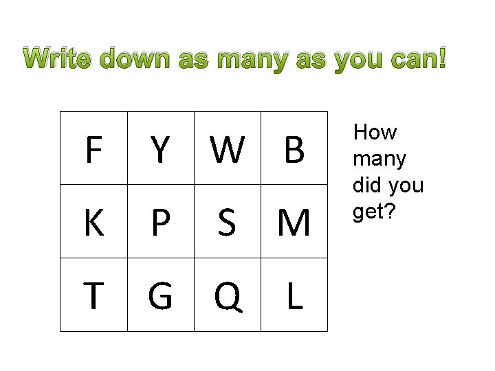 Write down as many as you can! F Y W B K P T
