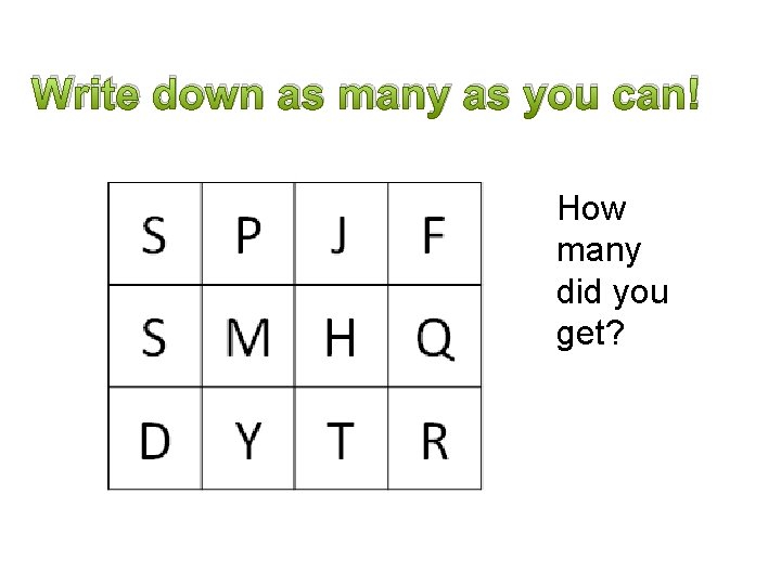 Write down as many as you can! How many did you get? 