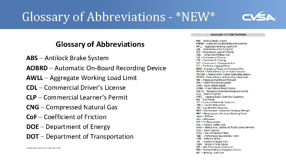 Glossary of Abbreviations - *NEW* Glossary of Abbreviations ABS – Antilock Brake System AOBRD