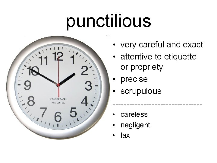 punctilious • very careful and exact • attentive to etiquette or propriety • precise