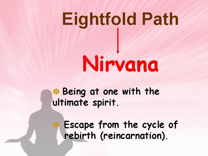 Eightfold Path Nirvana ] Being at one with the ultimate spirit. ] Escape from