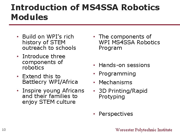 Introduction of MS 4 SSA Robotics Modules • Build on WPI’s rich history of