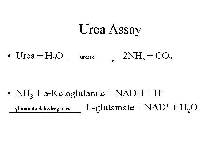 Urea Assay • Urea + H 2 O urease 2 NH 3 + CO