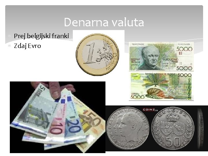 Denarna valuta Prej belgijski franki Zdaj Evro 