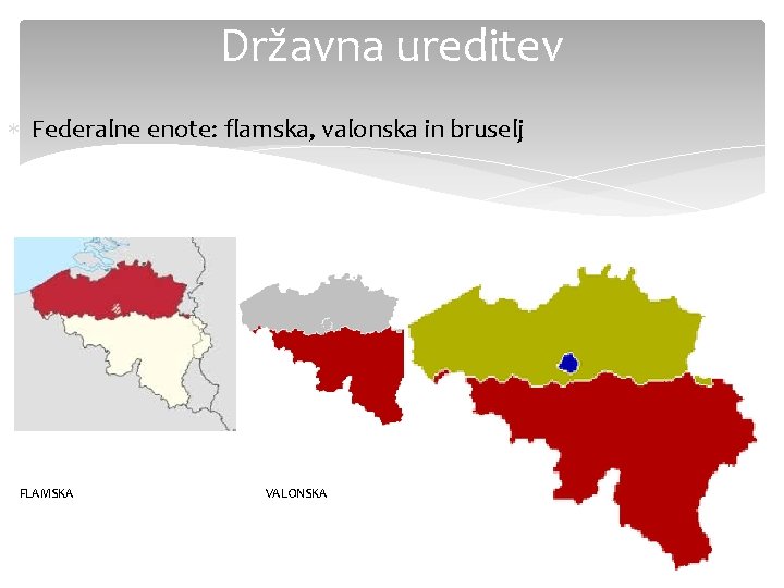 Državna ureditev Federalne enote: flamska, valonska in bruselj FLAMSKA VALONSKA 