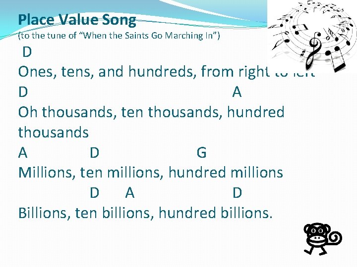 Place Value Song (to the tune of “When the Saints Go Marching In”) D