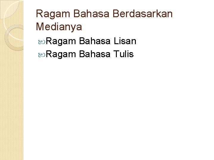 Ragam Bahasa Berdasarkan Medianya Ragam Bahasa Lisan Ragam Bahasa Tulis 