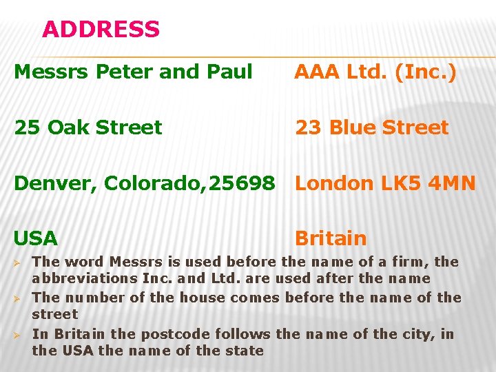 ADDRESS Messrs Peter and Paul AAA Ltd. (Inc. ) 25 Oak Street 23 Blue