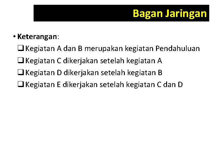 Bagan Jaringan • Keterangan: q Kegiatan A dan B merupakan kegiatan Pendahuluan q Kegiatan